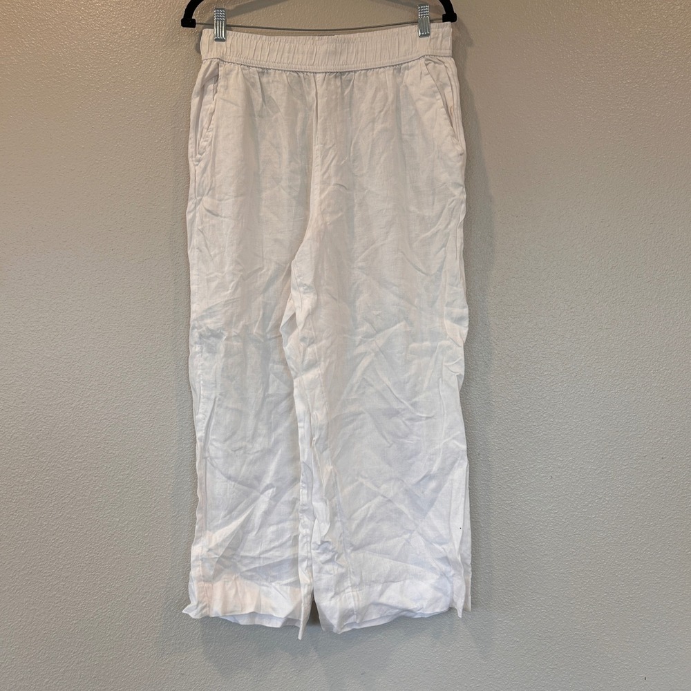 Tahari White 100% Linen Wide Leg Elastic Waist Pants Large Flowy Sustainable